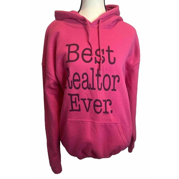 BEST REALTOR EVER. Bright PINK W/ BLACK Writing Hoodie Cotton Polyester SZ L - Picture 1 of 5